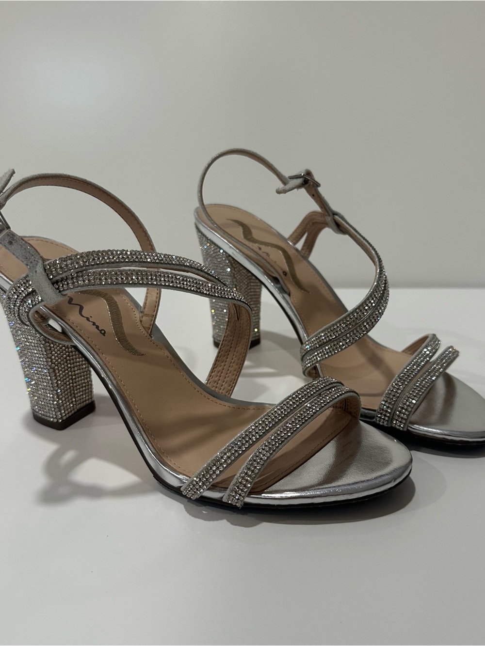 Nina Silver Embellished Block Heel Sandals